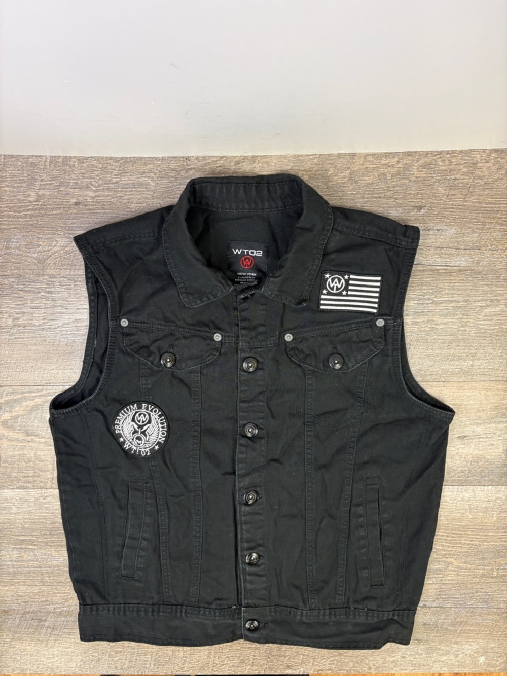WT02 New York Black Utility Denim Vest Men’s Large Streetwear Patch Vest